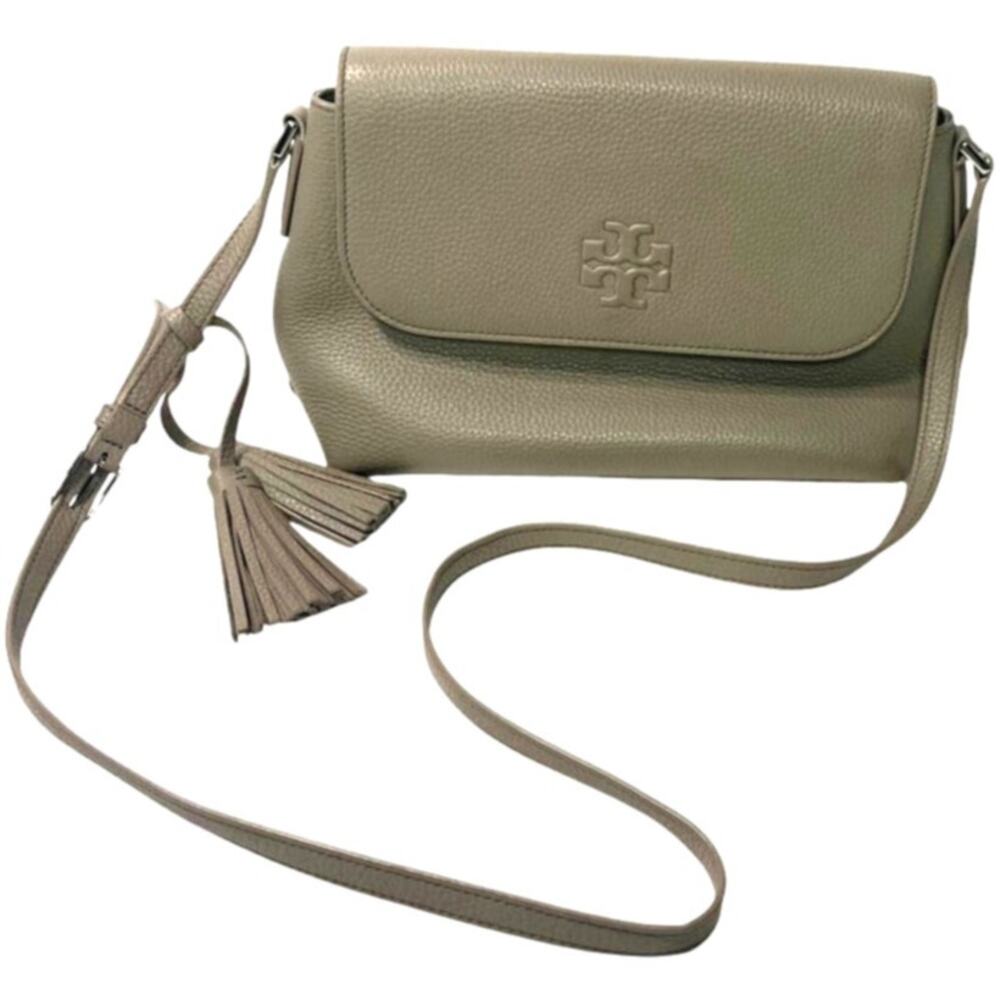 Tory Burch Thea Messenger Cross Body Bag French Gray Pebbled Leather w/Tassels